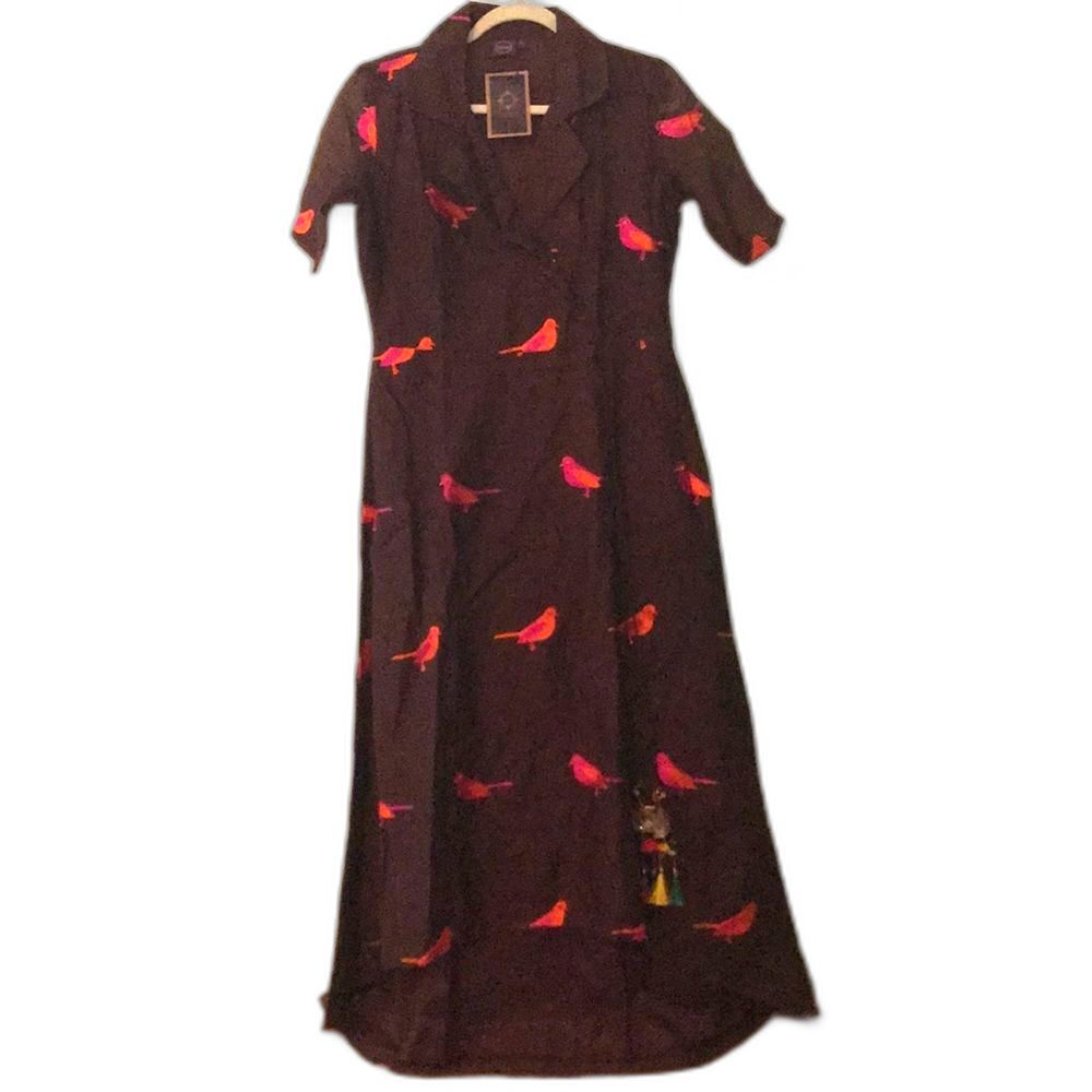 Whimsical Maxi Dress Hi-Low Shirt collar Embroidered  Birds Tassles Size M